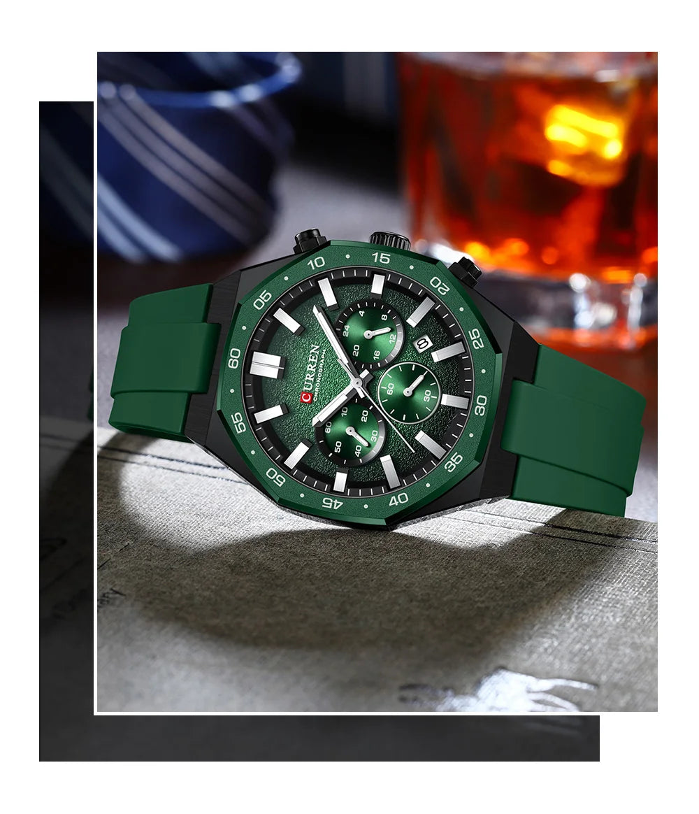 CURREN Fashion Casual Men Sports Watch Chronograph Silicone Belt Auto Date Dial Quartz Wristwatch Male Reloj Relogio Masculino