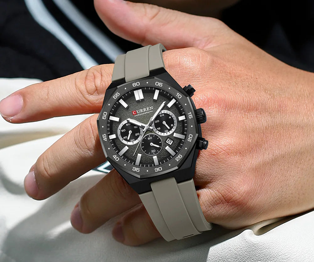 CURREN Fashion Casual Men Sports Watch Chronograph Silicone Belt Auto Date Dial Quartz Wristwatch Male Reloj Relogio Masculino