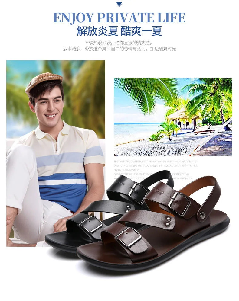 Fashion Sandals Male Solid Color PU Leather Men Shoes Summer Comfortable Open Toe Leather Mens Sandals Beach Leather Footwear