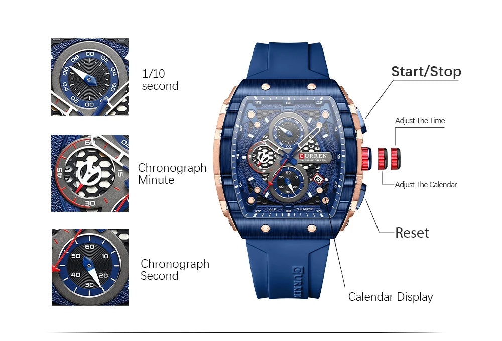 CURREN Fashion Sports Watches with Large Dial Unique RectangularHollow Design Quartz Wristwatches with Chrongraph Auto Date 8442