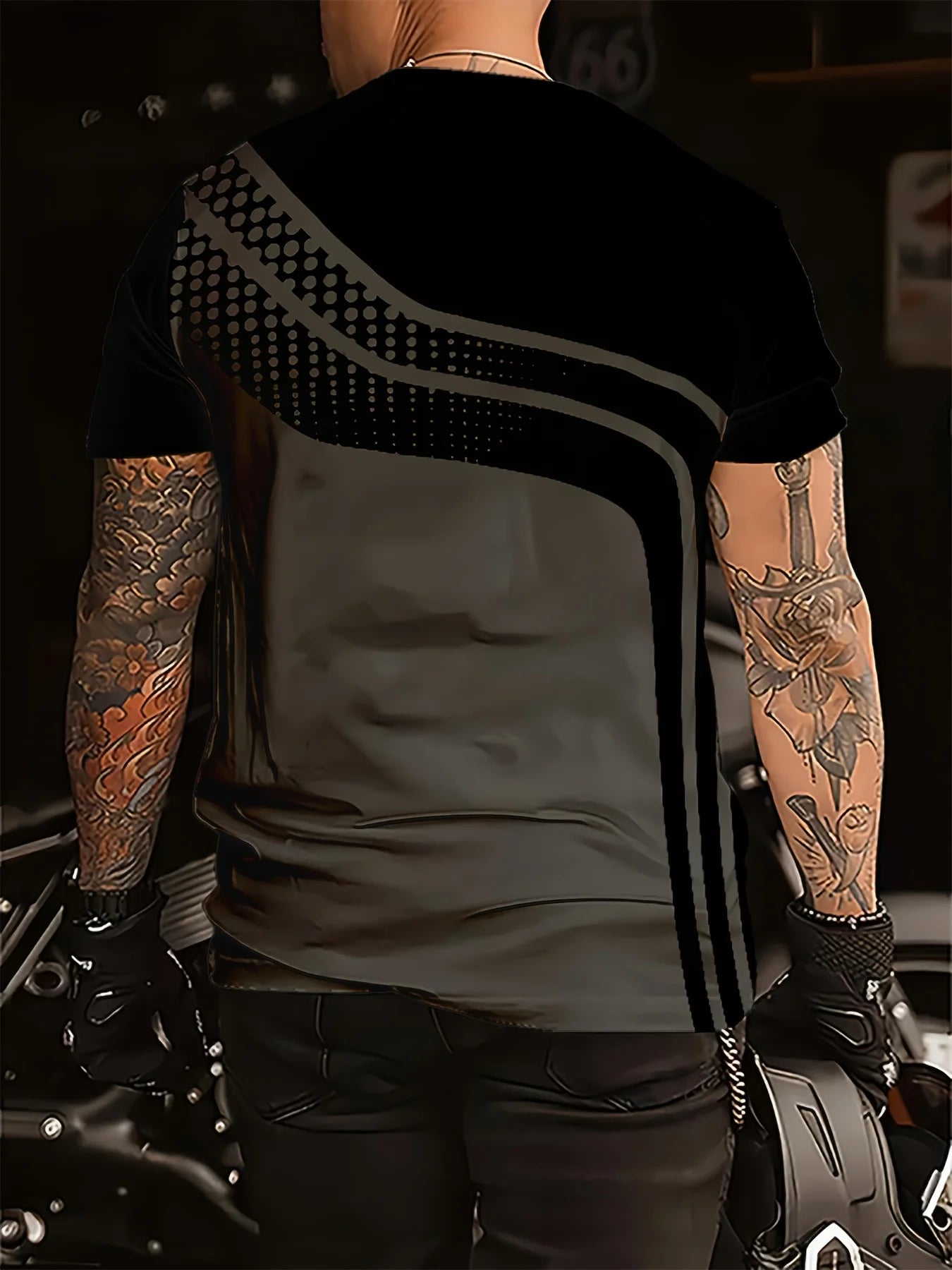 Breathable Polyester Short Sleeve Tee Men's Fashionable Digital Print Short Sleeve T-Shirt in Black & Gray Stripes - Breathable
