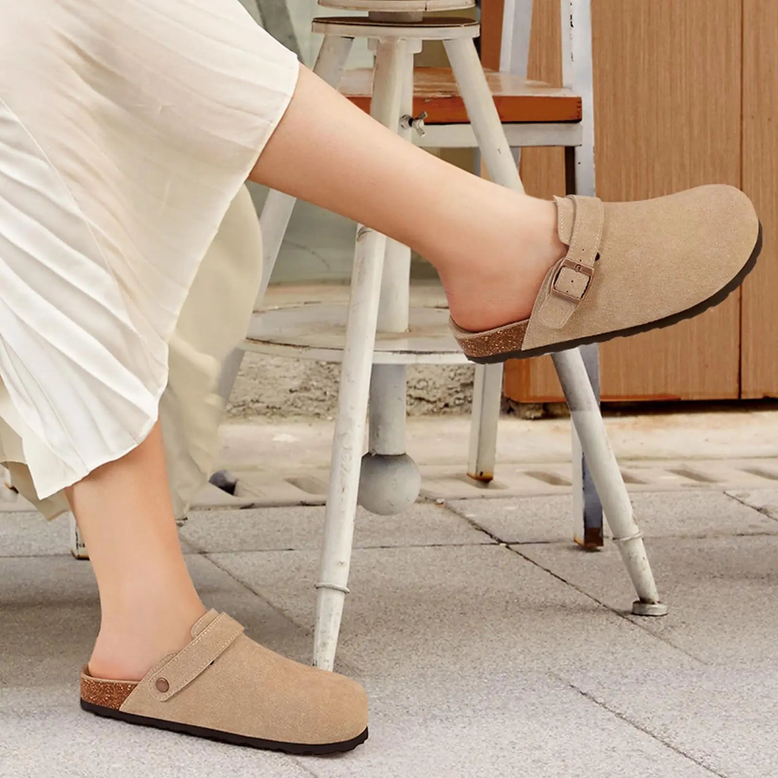 Litfun Suede Women's Clogs with Adjustable Strap Cork Footbed Leather Mules with Arch Support Unisex Outdoor Clogs Potato Shoes