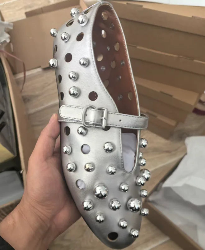 Luxury Black Pearl Round Head Buckle Ballet Sandals Summer Autumn Metal Hollow Commuting Casual Mary Jane Single Shoe Size 45