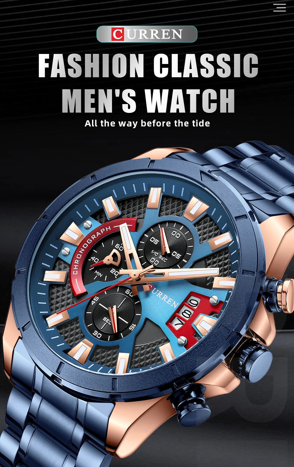 CURREN Sports Big Dial Men's Chronograph Watch with Matte Stainless Steel Band Luminous Hands Casual Quartz Wristwatch 8401