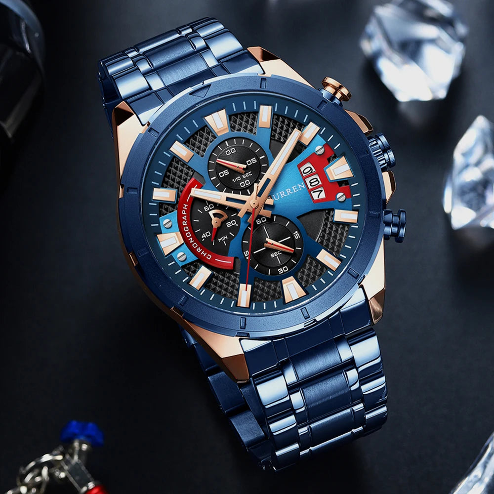 CURREN Sports Big Dial Men's Chronograph Watch with Matte Stainless Steel Band Luminous Hands Casual Quartz Wristwatch 8401