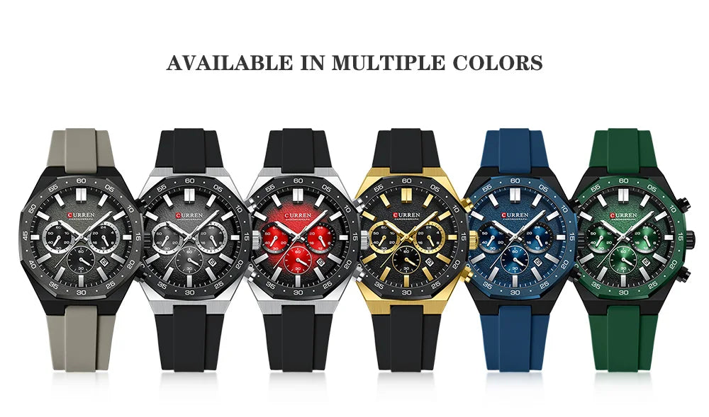 CURREN Fashion Casual Men Sports Watch Chronograph Silicone Belt Auto Date Dial Quartz Wristwatch Male Reloj Relogio Masculino