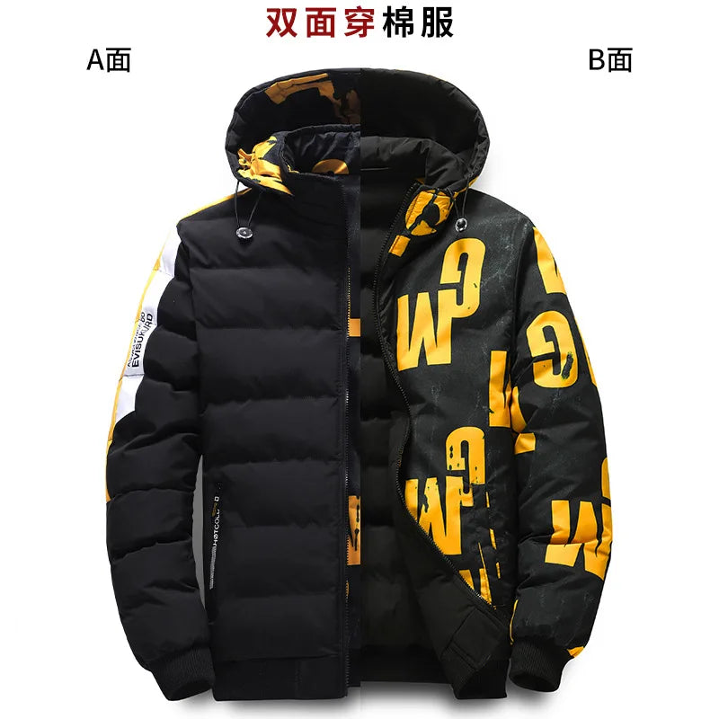 Double-Sided Wear Cotton Jacket for Men Youth Winter Warm Outerwear Hooded Thickened Rabbit Fur Lining Casual Suit