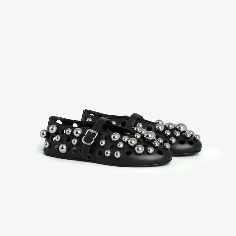 Luxury Black Pearl Round Head Buckle Ballet Sandals Summer Autumn Metal Hollow Commuting Casual Mary Jane Single Shoe Size 45
