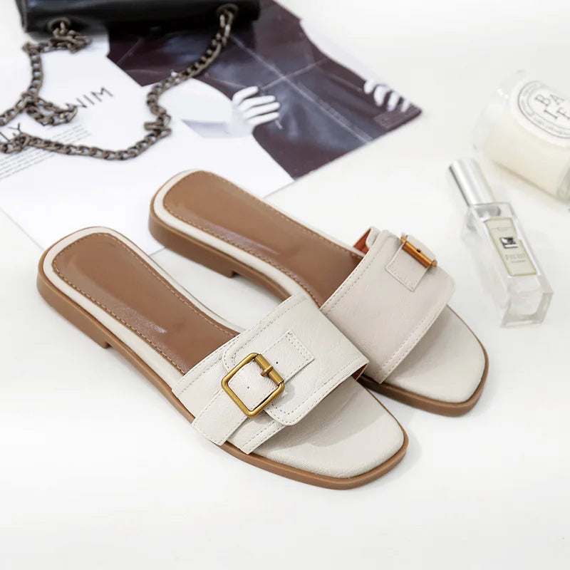 Women's Flat Slippers Summer Leather Square Toe Women Flats Flip Flops Designer Ladies Slides Sandals Women Shoes Luxury Sandals