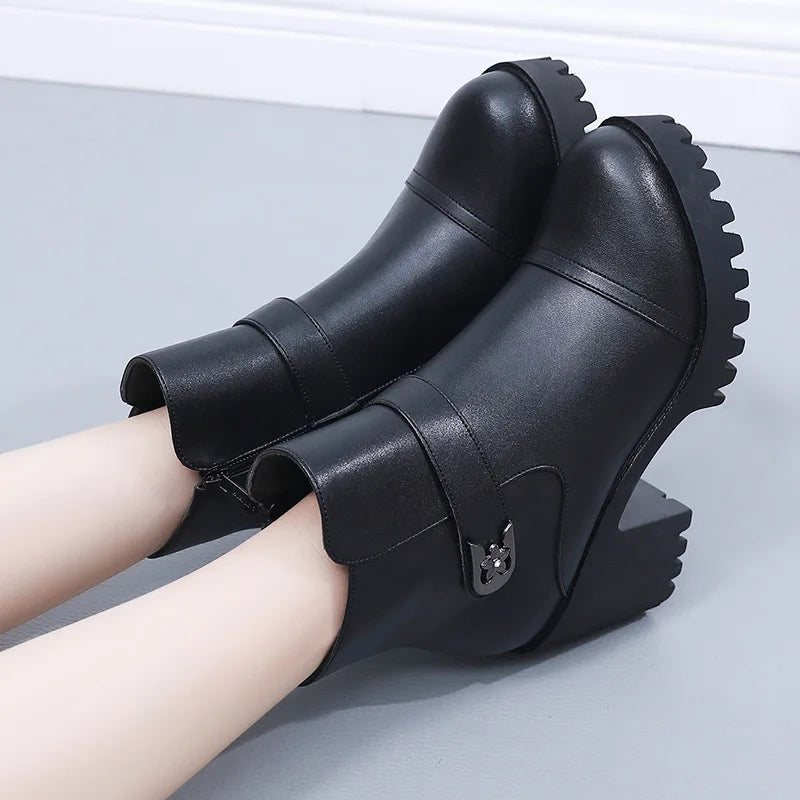 8cm Small Size 32-43 Thick Bottom Motorcycle Boots Women Shoes Winter 2026 Block High Heels Soft Leather Ankle Boots Office Mom