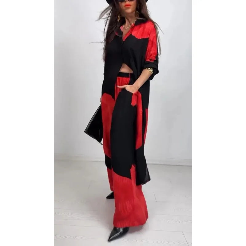 Chic Printed Shirt & Wide Leg Pants Set – Casual Two-Piece Outfit for Wome