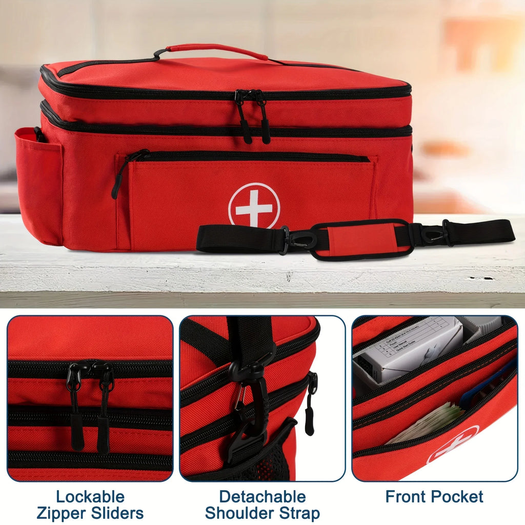 Double-layered Travel Medicine Storage Bag, Portable Emergency First Aid Kit, Large Capacity Front Pouch, Multiple Ways To Carry