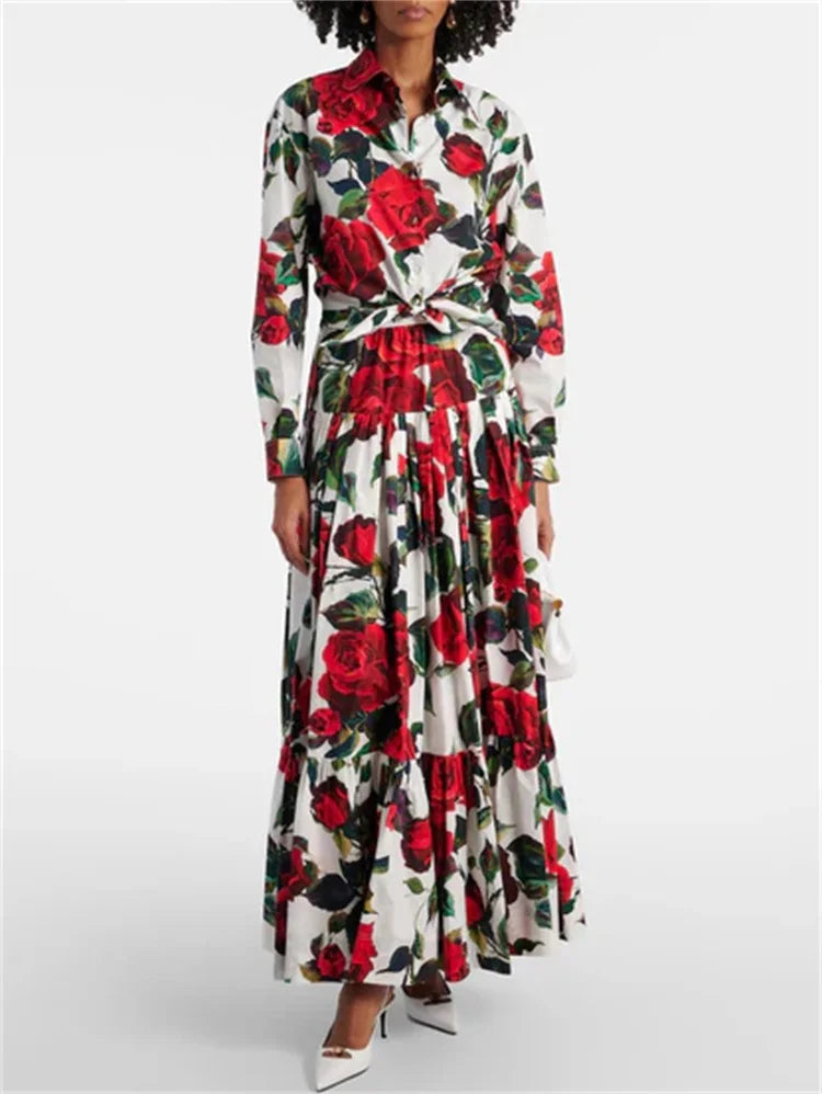 Rose Bloom Luxe Two-Piece Set – Tie-Waist Shirt & Maxi Skirt Outfit for Women