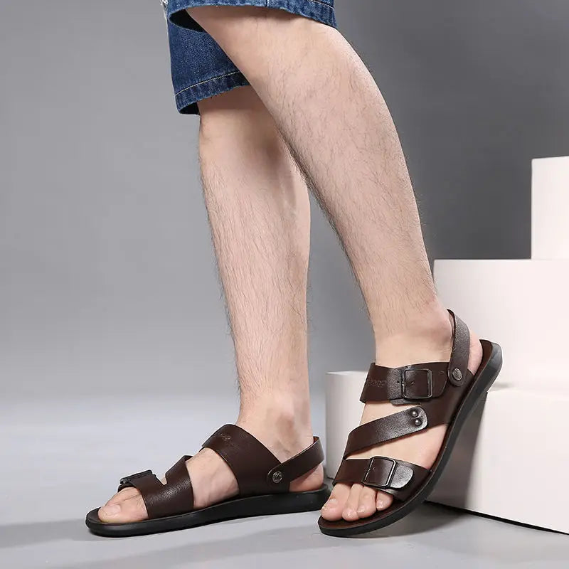 Fashion Sandals Male Solid Color PU Leather Men Shoes Summer Comfortable Open Toe Leather Mens Sandals Beach Leather Footwear