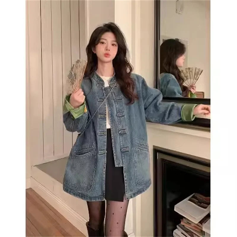 New Chinese Retro Casual Denim Jacket for Women in Spring 2024 Unique Chic Hong Kong Style fat and Slim Cardigan top for Women