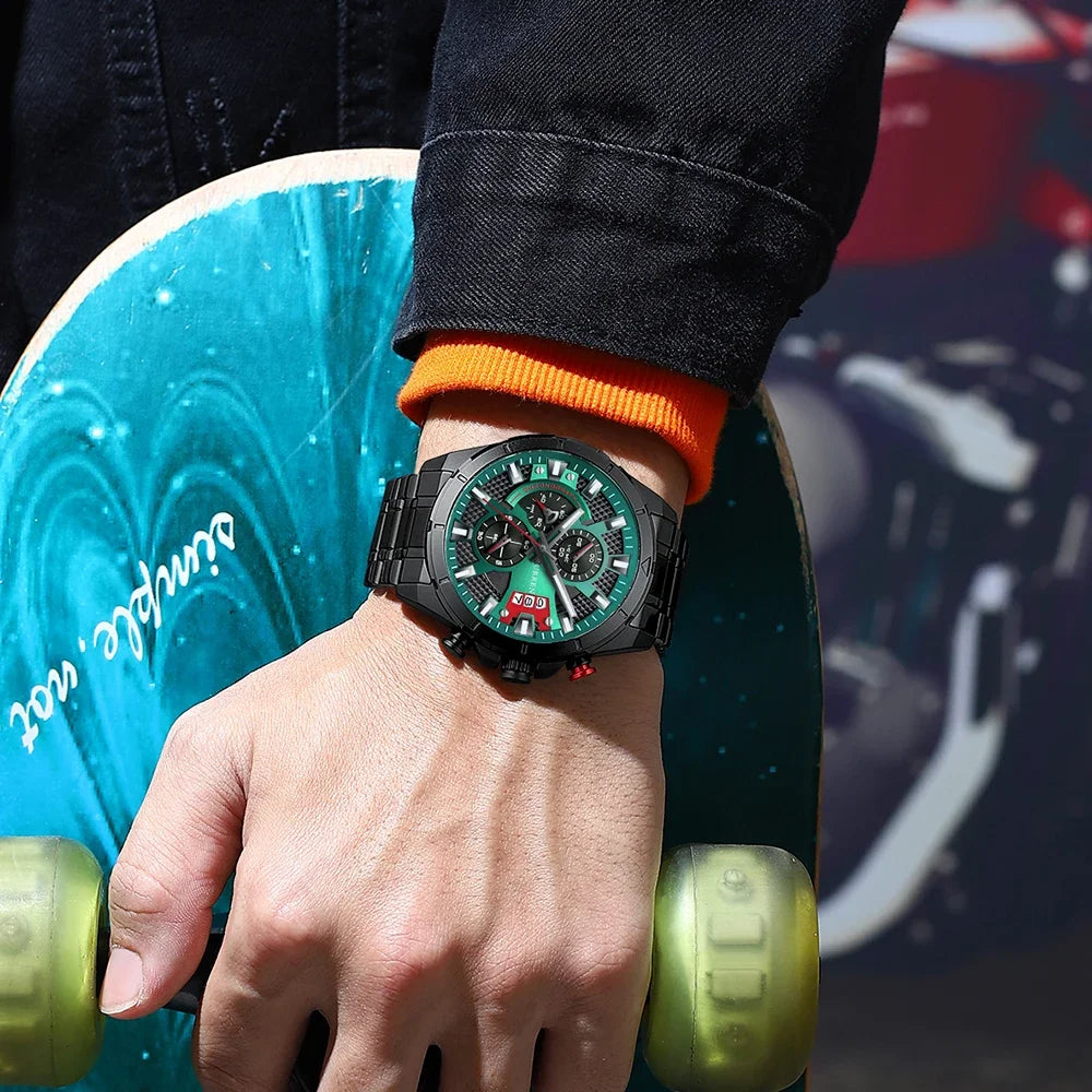 CURREN Sports Big Dial Men's Chronograph Watch with Matte Stainless Steel Band Luminous Hands Casual Quartz Wristwatch 8401