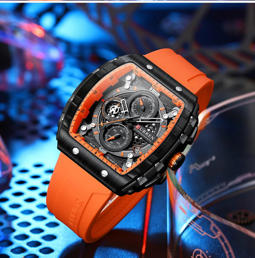 CURREN Fashion Sports Watches with Large Dial Unique RectangularHollow Design Quartz Wristwatches with Chrongraph Auto Date 8442
