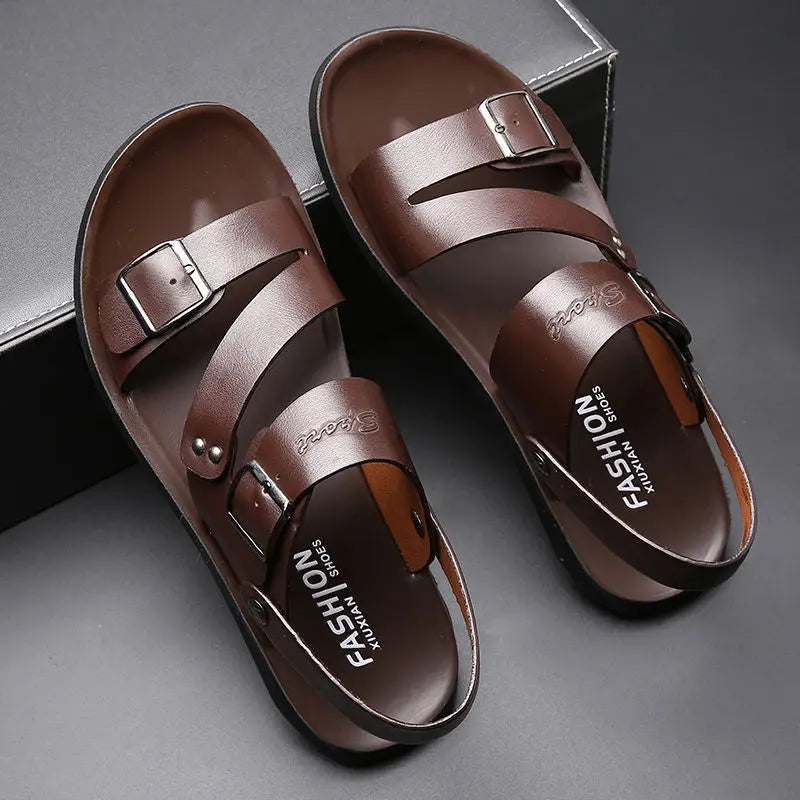 Fashion Sandals Male Solid Color PU Leather Men Shoes Summer Comfortable Open Toe Leather Mens Sandals Beach Leather Footwear