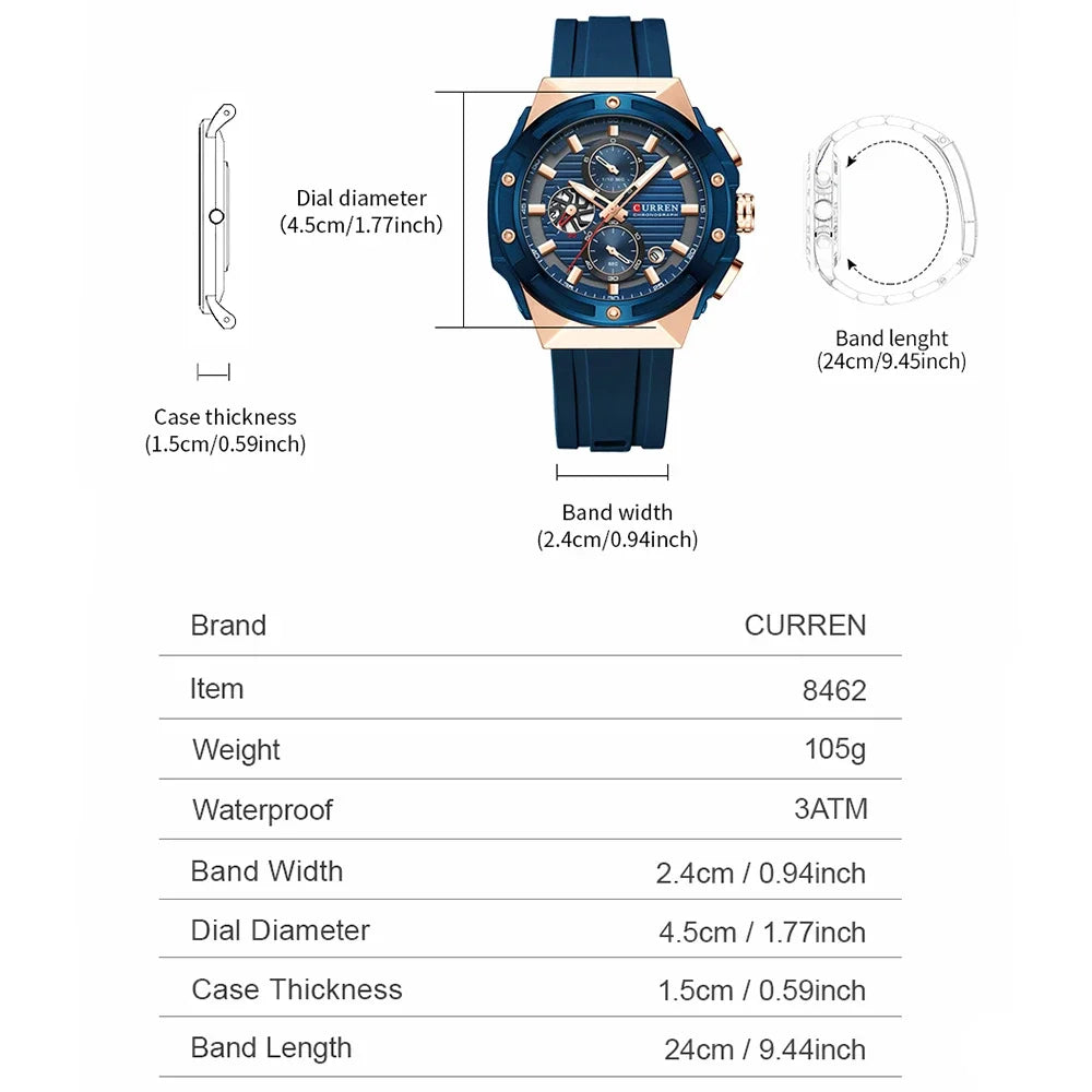 CURREN Sporty Men's Watch with Chronograph & Luminous Hands - Silicone Strap Quartz Wristwatch for Man Auto Date Business Casual