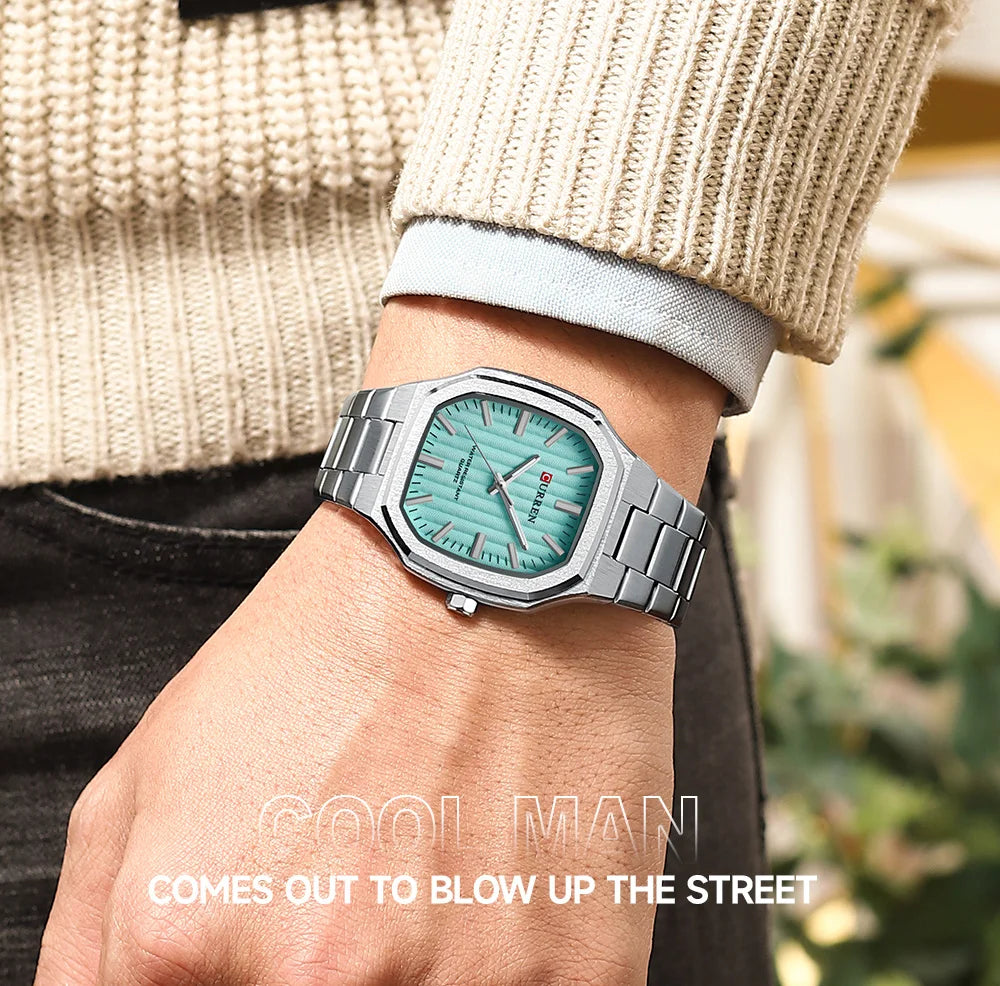 CURREN Luxury Business Square Quartz Watches  Classic Stripe Design Dial with Stainless Steel Band Wristwatch for Men