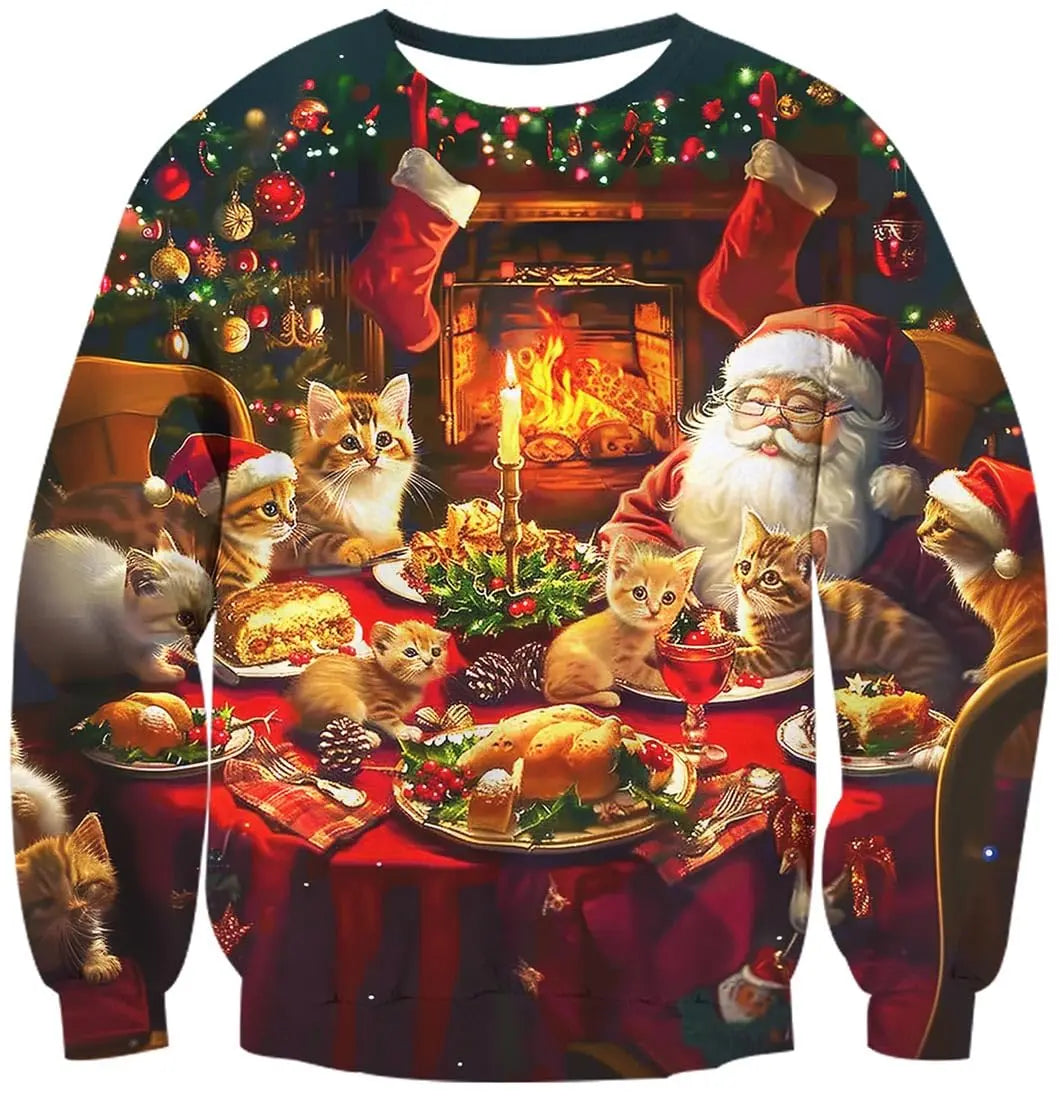 Men's Christmas Sweatshirt Festive Abstract Kitten Print Merry Christmas Crew Neck Pullover Party Casual Christmas Sweatshirt