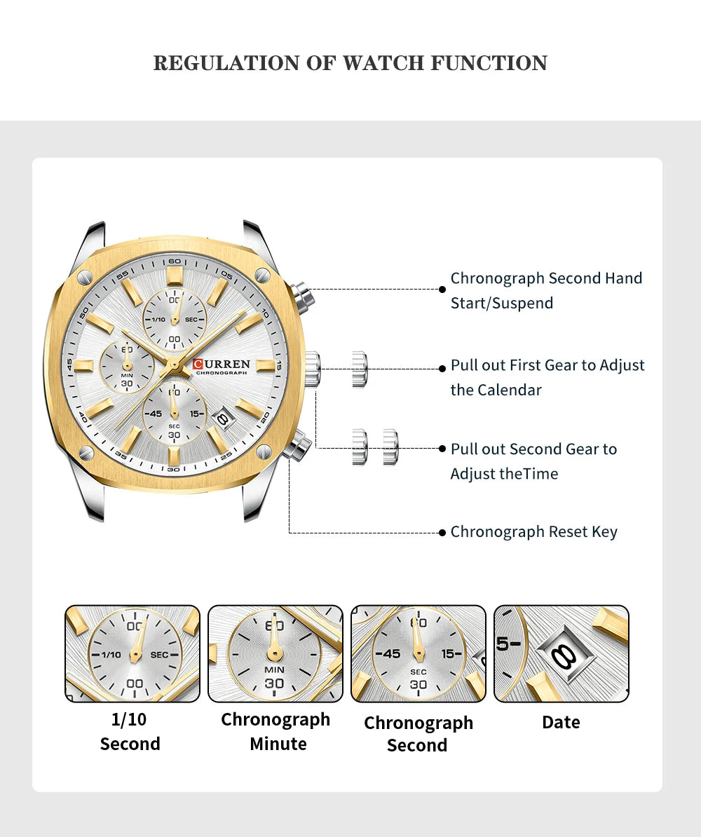CURREN Modern Men's 42mm Sport Watch - Stainless Steel Band Chronograph & Date,Glow-in-the-Dark Hands, Casual Quartz Wristwatch