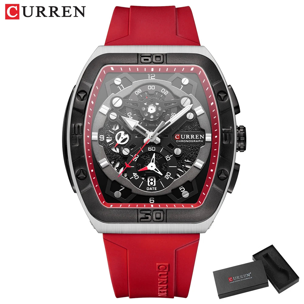 CURREN Men's Chronograph Watch Tonneau Case Design with Sport Silicone Strap Red and Black Quartz Wristwatches for Men