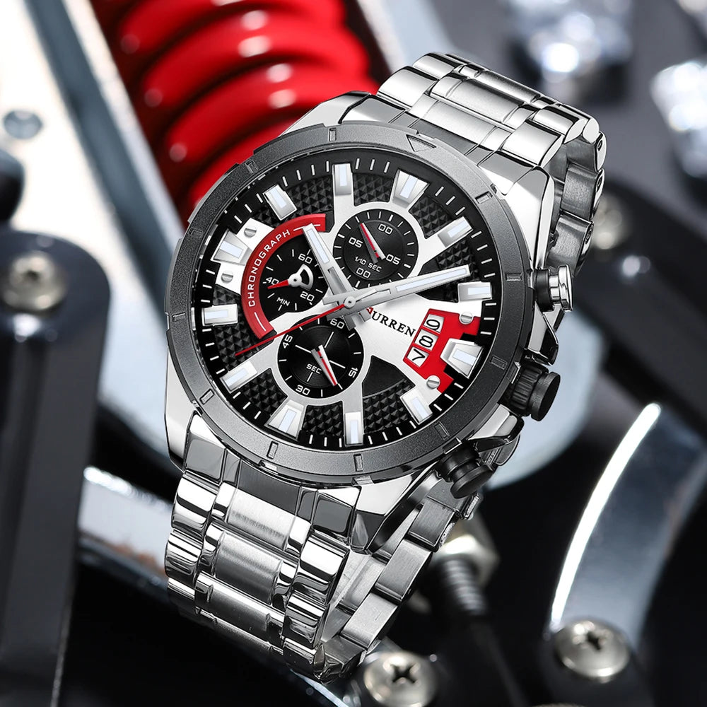 CURREN Sports Big Dial Men's Chronograph Watch with Matte Stainless Steel Band Luminous Hands Casual Quartz Wristwatch 8401