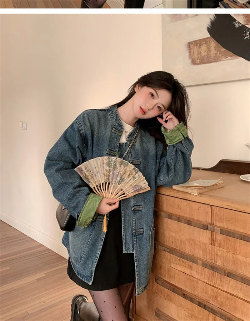 New Chinese Retro Casual Denim Jacket for Women in Spring 2024 Unique Chic Hong Kong Style fat and Slim Cardigan top for Women