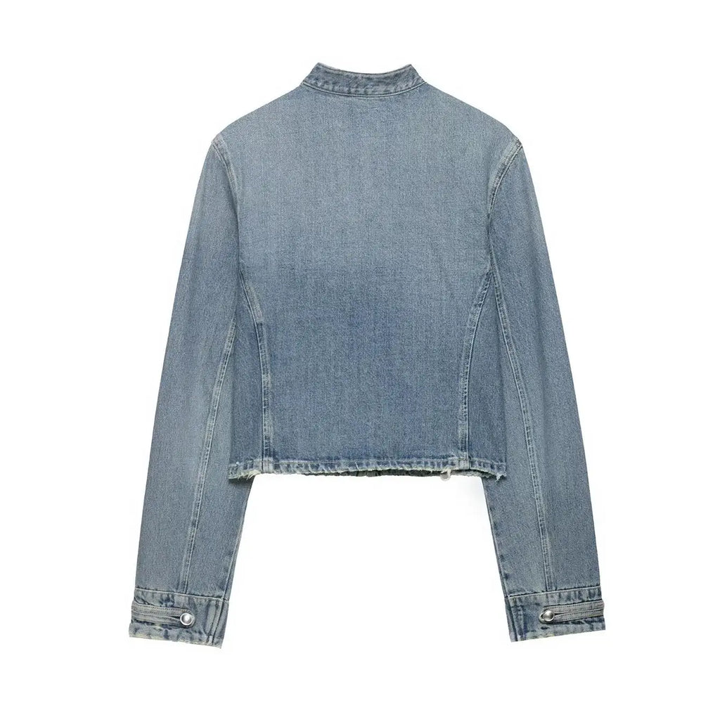 New Vintage Denim Jacket For Women Solid Round Neck Slim Fit Short Jackets 2026 Spring Lady Daily High Street Outerwears