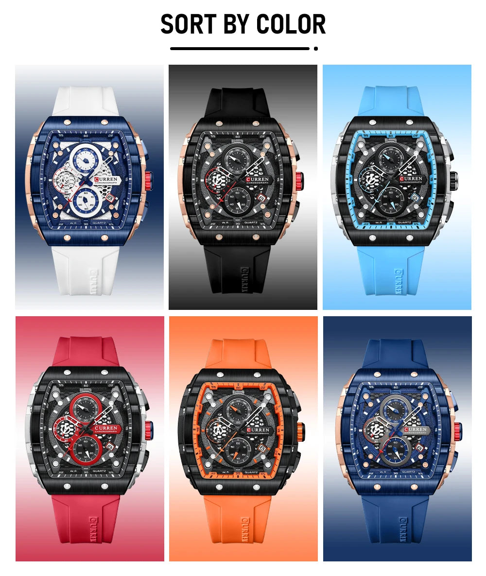 CURREN Fashion Sports Watches with Large Dial Unique RectangularHollow Design Quartz Wristwatches with Chrongraph Auto Date 8442