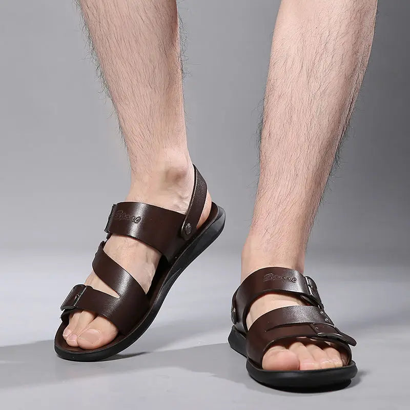 Fashion Sandals Male Solid Color PU Leather Men Shoes Summer Comfortable Open Toe Leather Mens Sandals Beach Leather Footwear