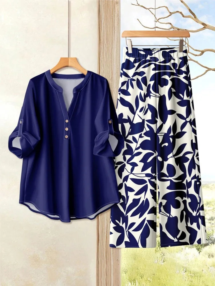 Chic Printed Short Sleeve Co-Ord Set – Women’s O-Neck Top & Wide Leg Pants Outfit
