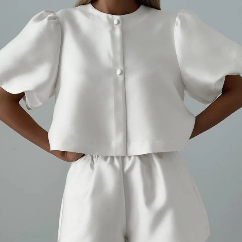 Chic Bubble Sleeve Two-Piece Set – Round Neck Top & High-Waist Shorts Outfit for Wome