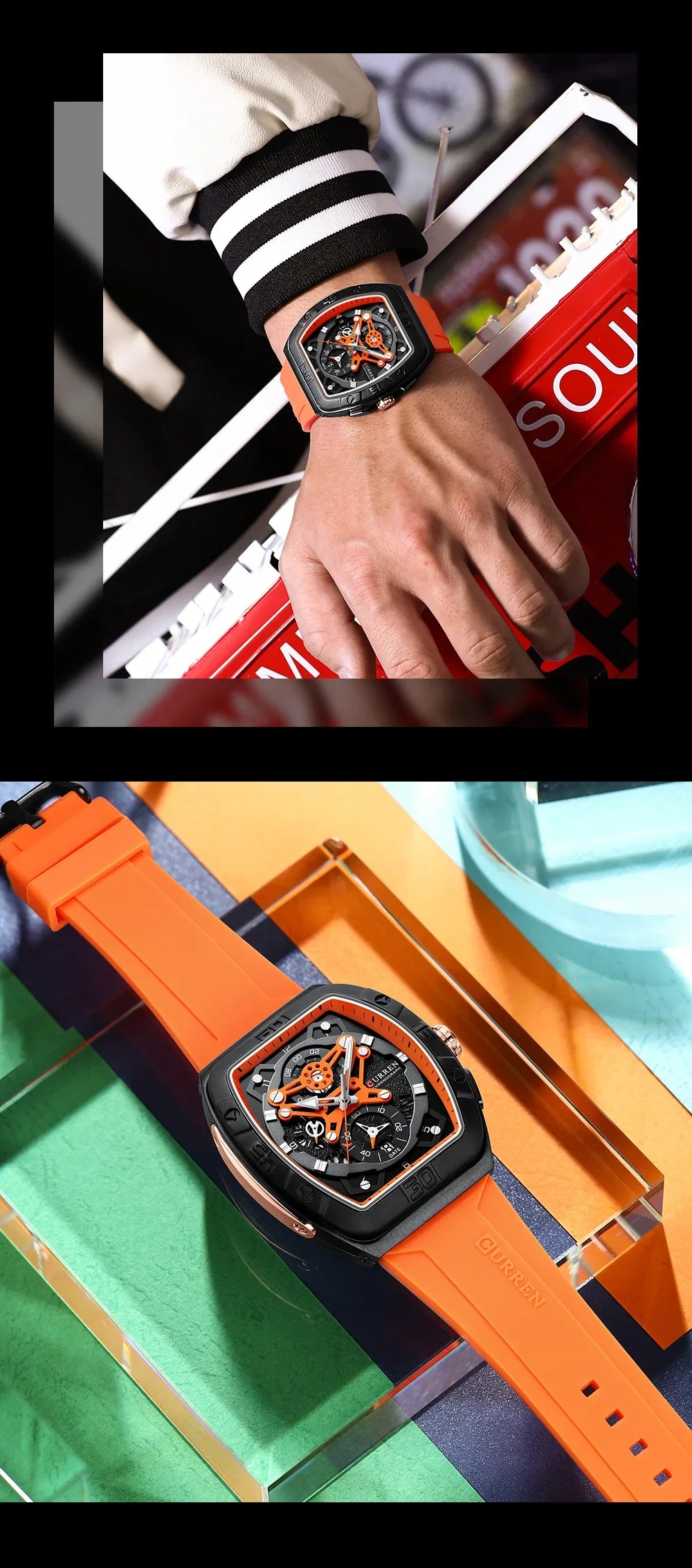 CURREN Men's Chronograph Watch Tonneau Case Design with Sport Silicone Strap Red and Black Quartz Wristwatches for Men
