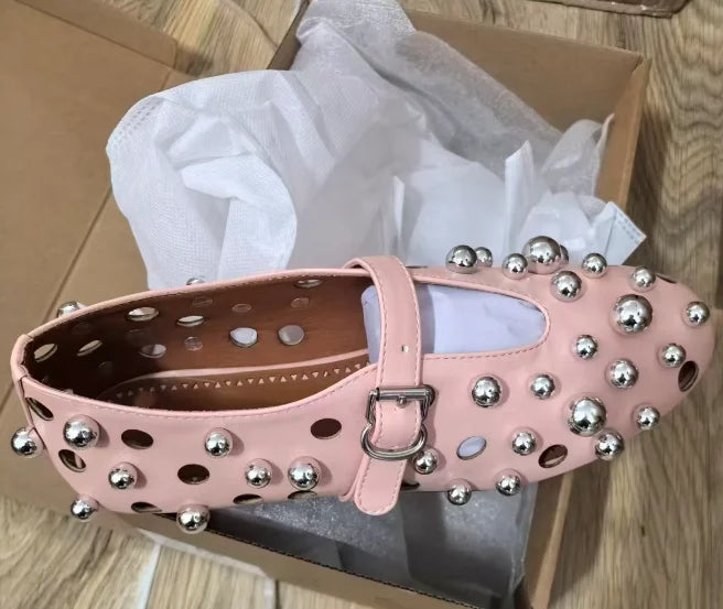 Luxury Black Pearl Round Head Buckle Ballet Sandals Summer Autumn Metal Hollow Commuting Casual Mary Jane Single Shoe Size 45