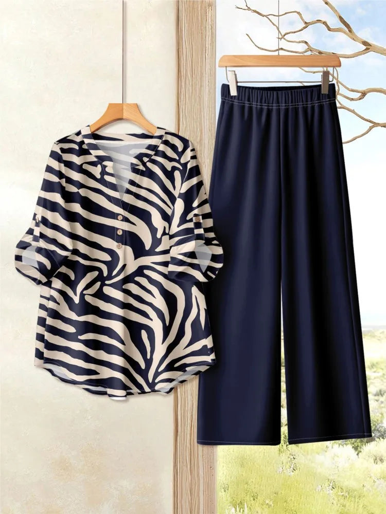 Chic Printed Short Sleeve Co-Ord Set – Women’s O-Neck Top & Wide Leg Pants Outfit