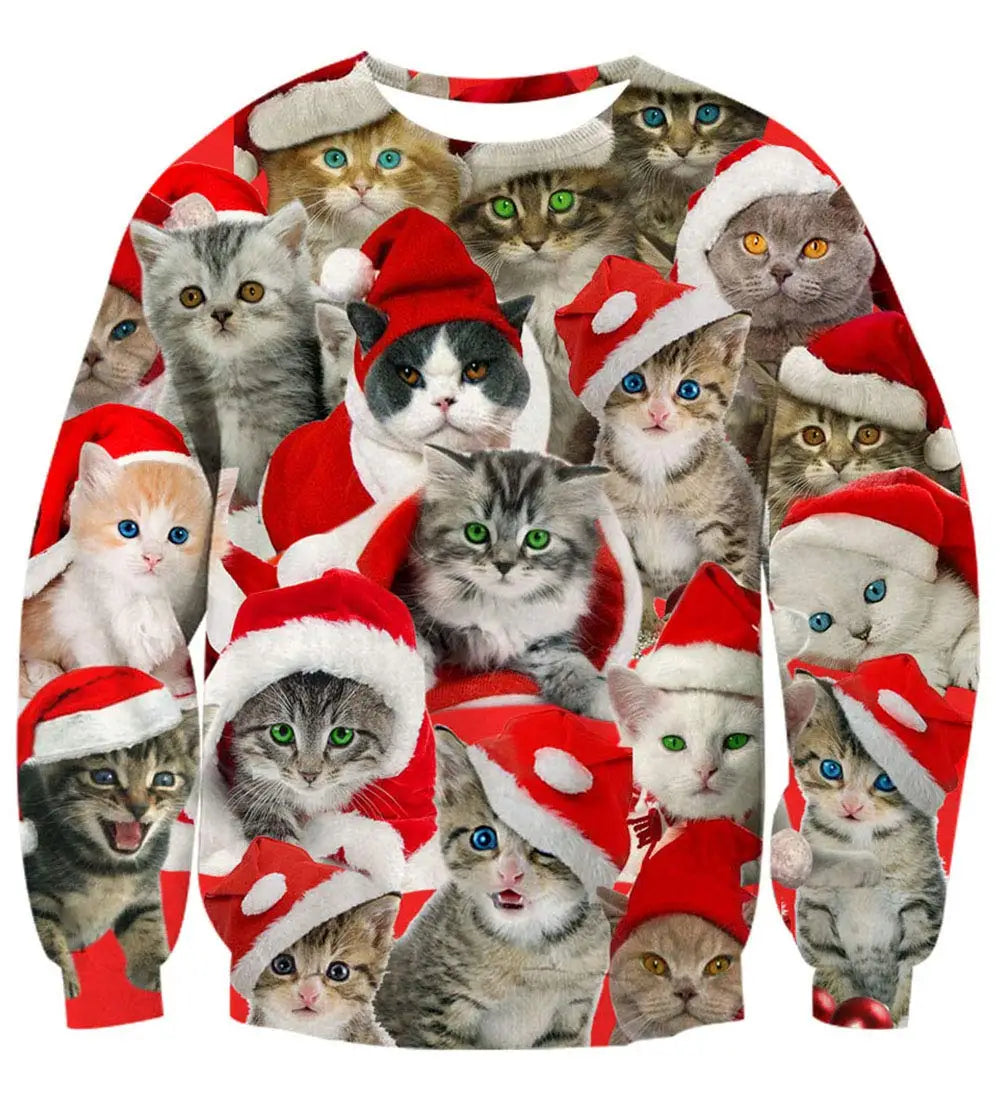 Men's Christmas Sweatshirt Festive Abstract Kitten Print Merry Christmas Crew Neck Pullover Party Casual Christmas Sweatshirt