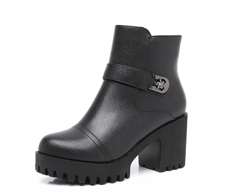 8cm Small Size 32-43 Thick Bottom Motorcycle Boots Women Shoes Winter 2026 Block High Heels Soft Leather Ankle Boots Office Mom