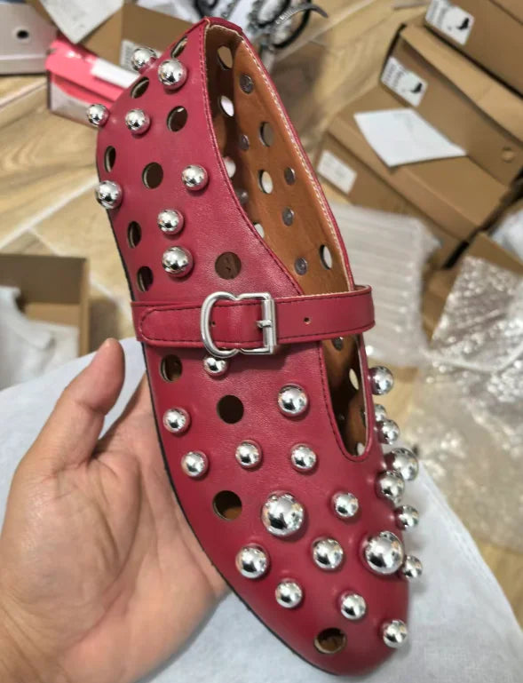 Luxury Black Pearl Round Head Buckle Ballet Sandals Summer Autumn Metal Hollow Commuting Casual Mary Jane Single Shoe Size 45