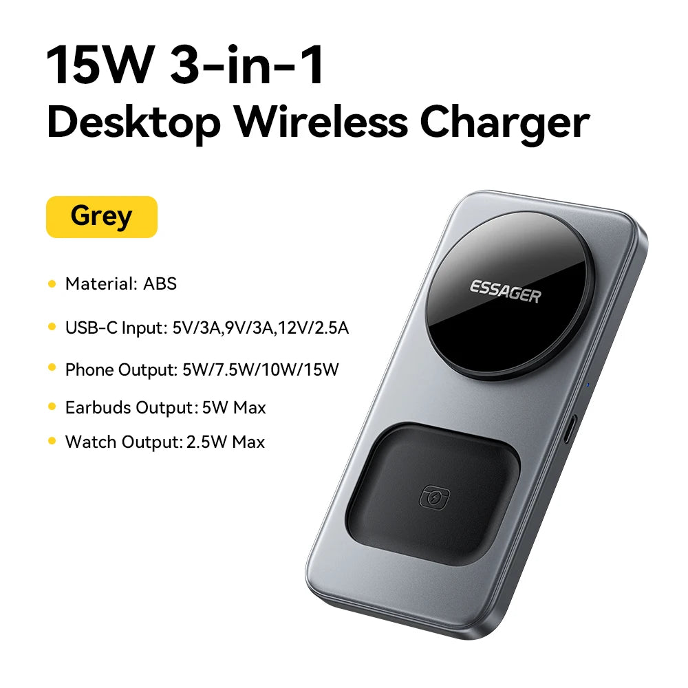 ESSAGER 15W 3-in-1 Magnetic Wireless Charging Station Foldable Charger Stand for iPhone AirPods Watch Phone Holder Fast Charger