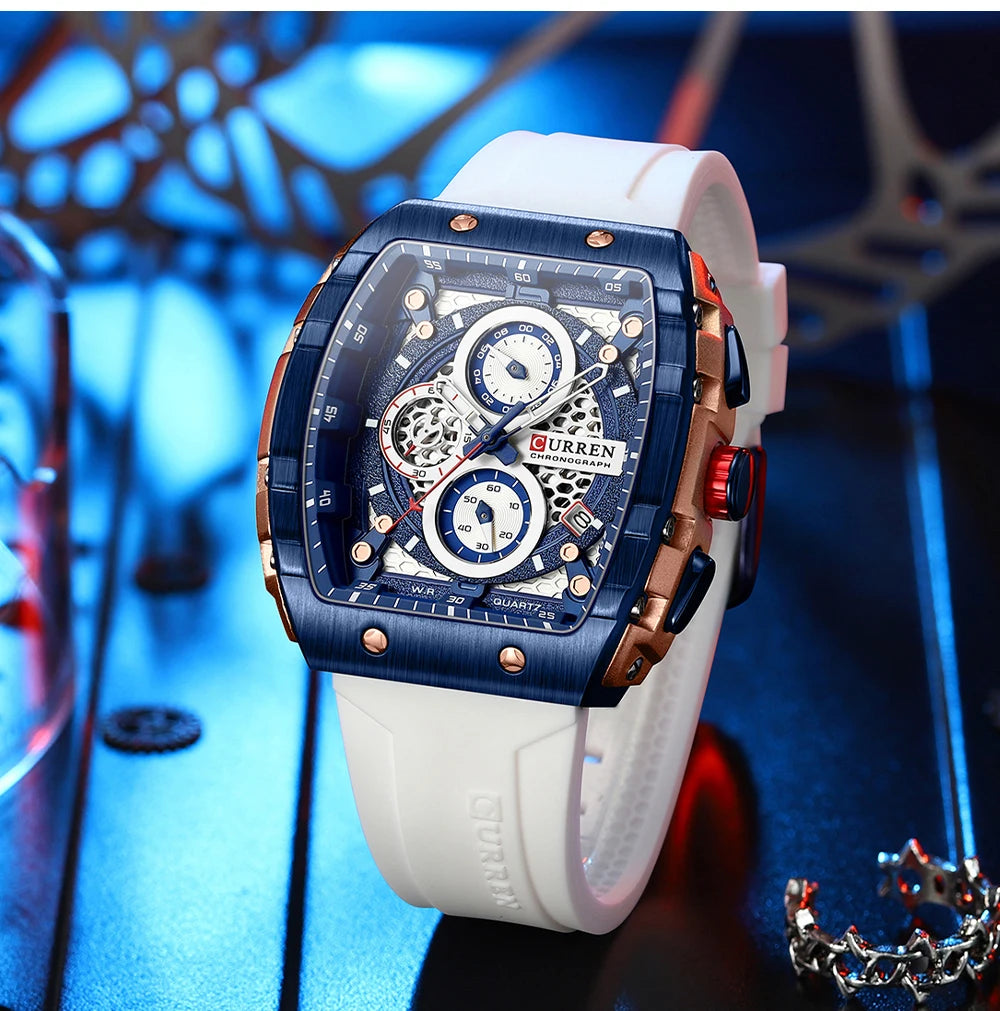 CURREN Fashion Sports Watches with Large Dial Unique RectangularHollow Design Quartz Wristwatches with Chrongraph Auto Date 8442