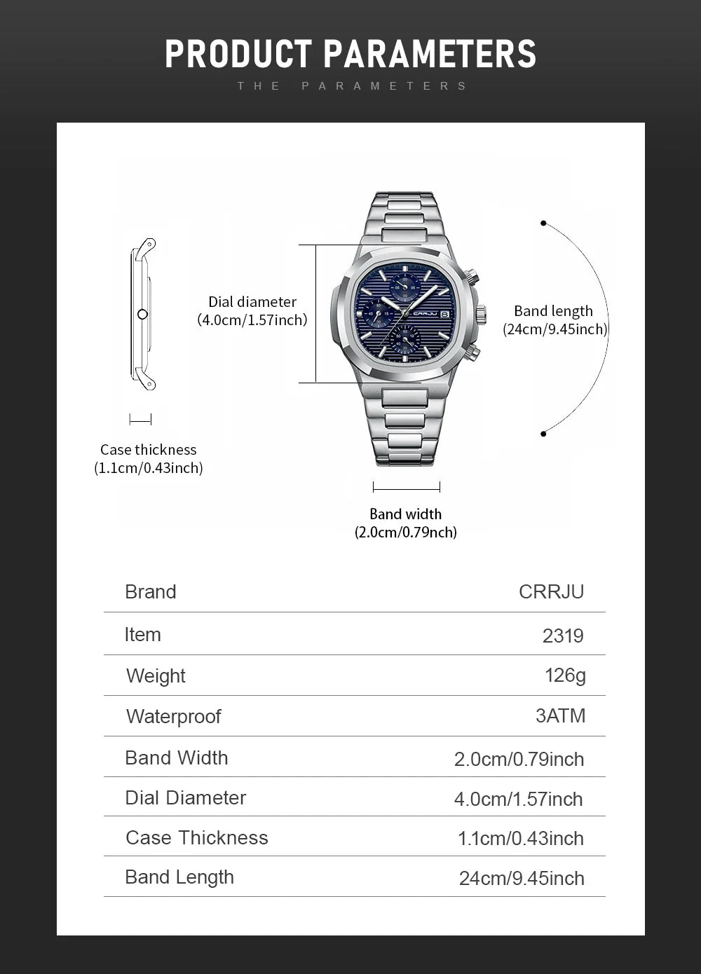 CRRJU Luxury Man Watch Business Waterproof Male Clock Luminous Date Stainless Steel Square Quartz Men Watch reloj hombre 2024