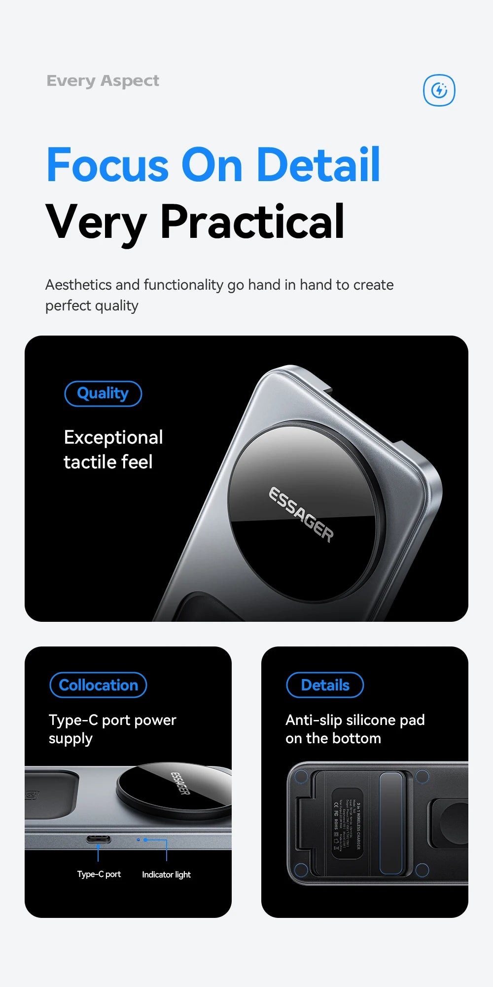ESSAGER 15W 3-in-1 Magnetic Wireless Charging Station Foldable Charger Stand for iPhone AirPods Watch Phone Holder Fast Charger