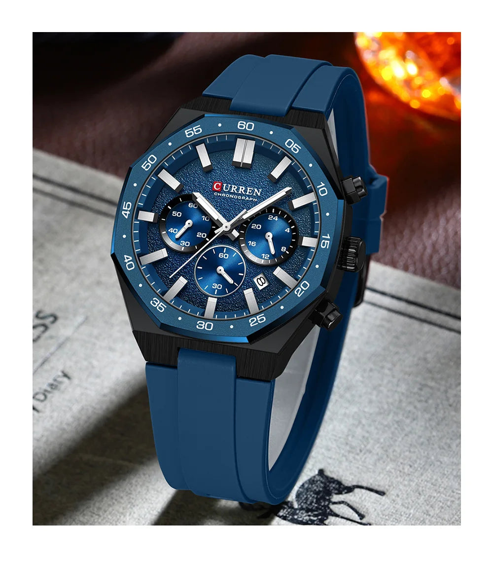 CURREN Fashion Casual Men Sports Watch Chronograph Silicone Belt Auto Date Dial Quartz Wristwatch Male Reloj Relogio Masculino