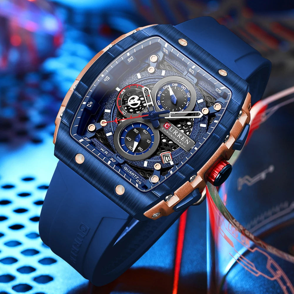 CURREN Fashion Sports Watches with Large Dial Unique RectangularHollow Design Quartz Wristwatches with Chrongraph Auto Date 8442