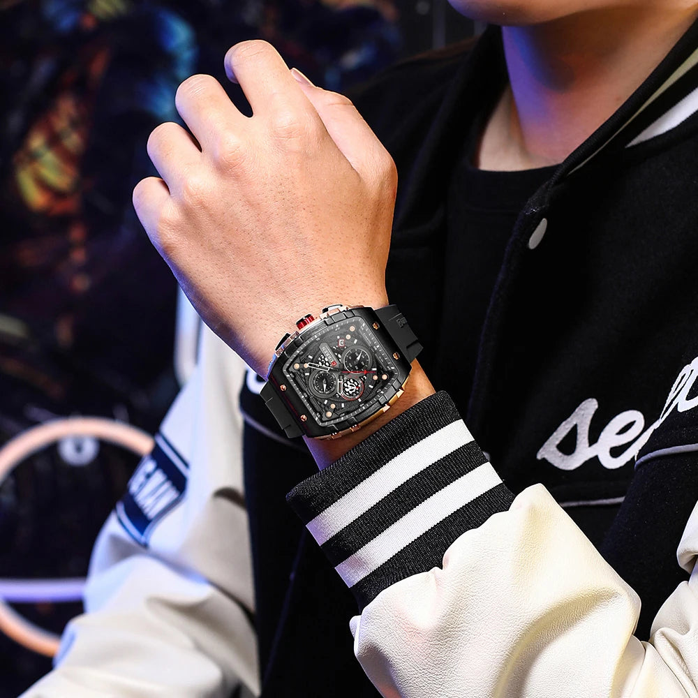 CURREN Fashion Sports Watches with Large Dial Unique RectangularHollow Design Quartz Wristwatches with Chrongraph Auto Date 8442