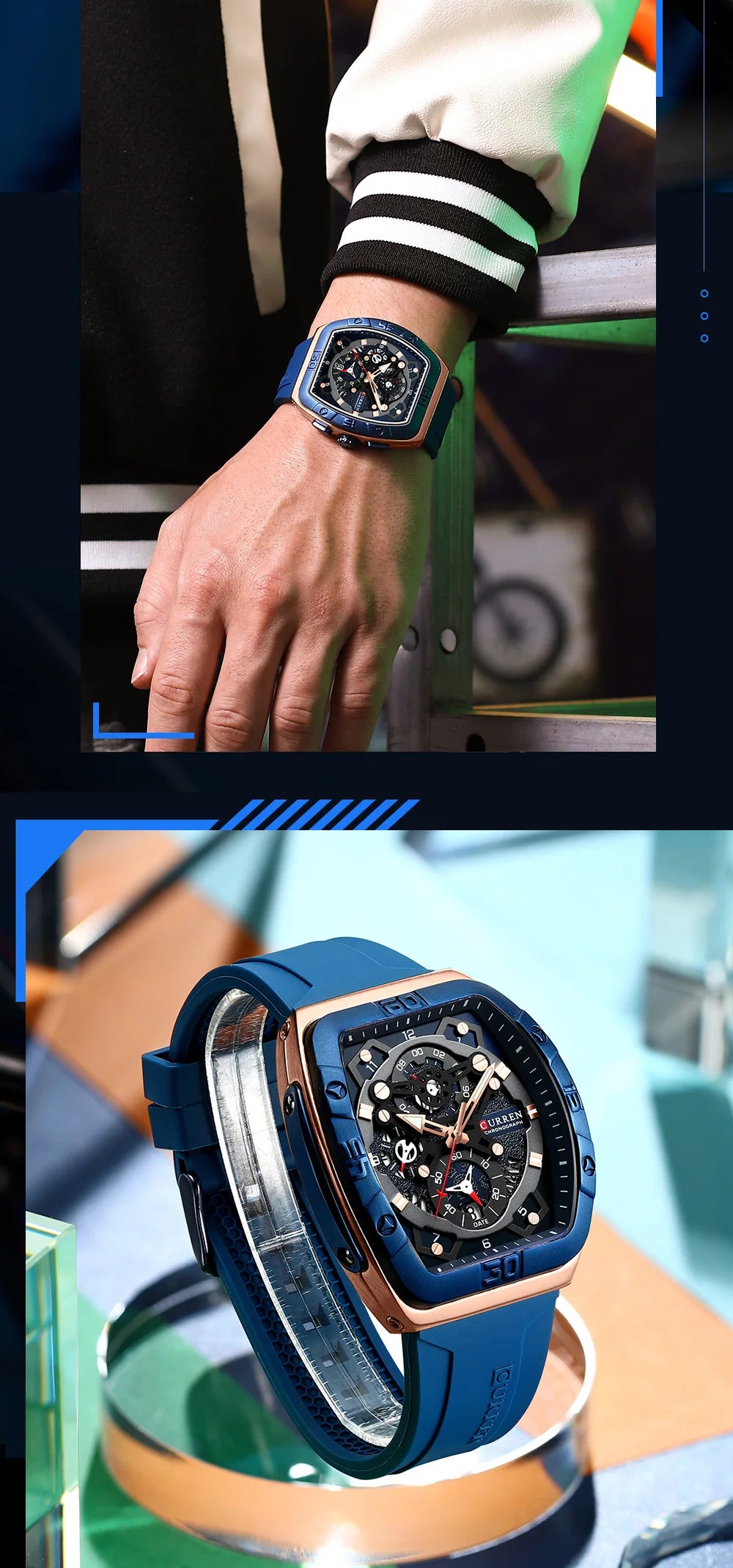 CURREN Men's Chronograph Watch Tonneau Case Design with Sport Silicone Strap Red and Black Quartz Wristwatches for Men