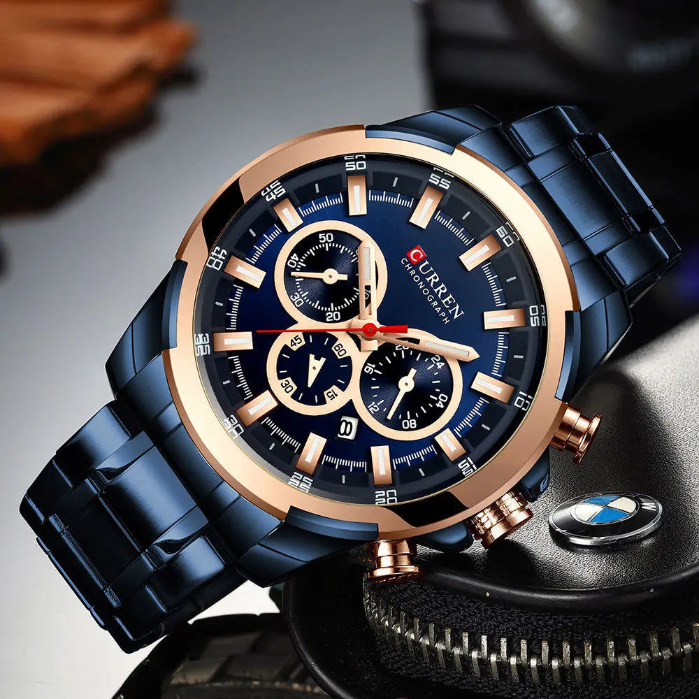 CURREN Men's Chronograph Watch 48mm Big Dial with Stainless Steel Band Triple Sub- Dials Luxury Quartz Sport Wristwatch