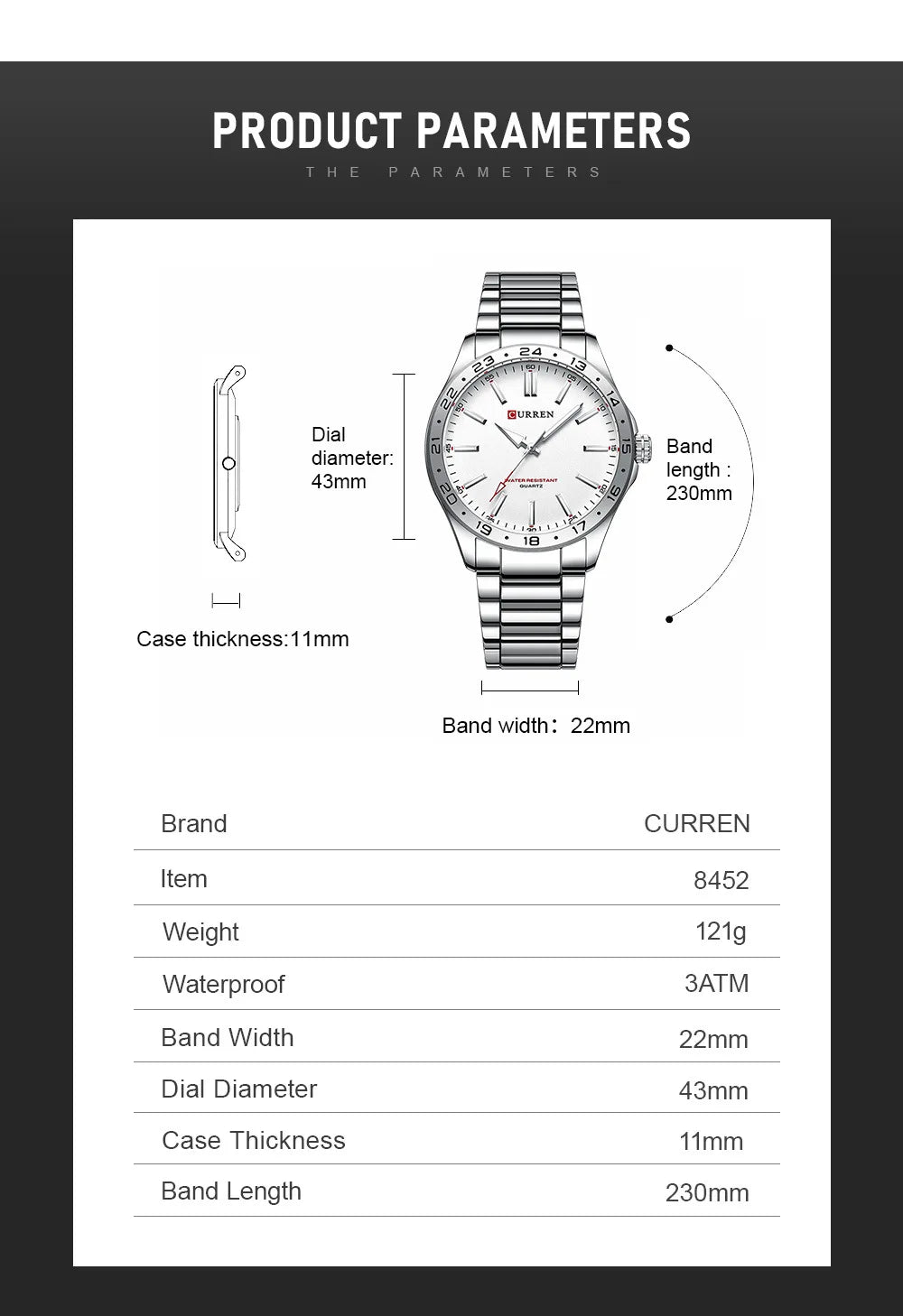 CURREN 8452 Men Quartz Watch Simple Fashion Leisure Business Clock Black Silvery Stainless Steel Strap Wristwatch for Male